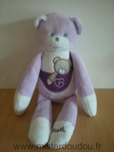 Doudou Ours Mustela Musto mauve blanc 