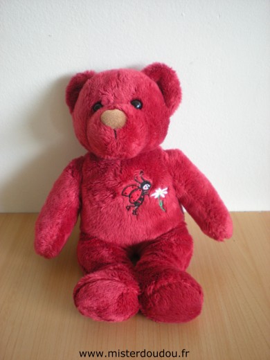 Doudou Ours Natalys Rouge avec une coccinelle et une fleur brodées 