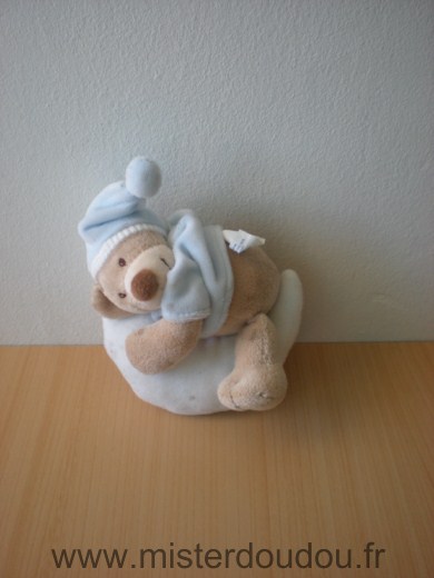 Doudou Ours Nattou Beige bleu sur lune blanche 