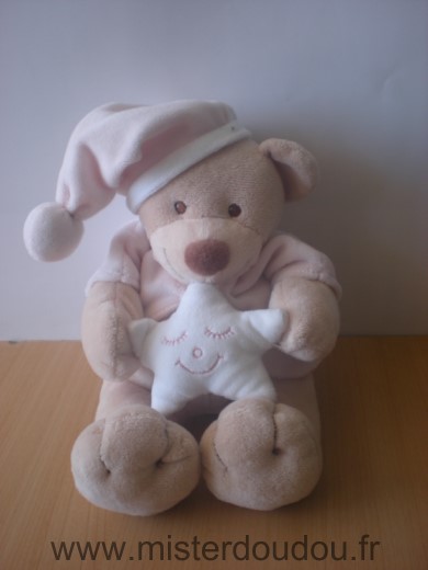 Doudou Ours Nattou Beige rose etoile Tres bon état mais boite a musique hs plus de ficelle