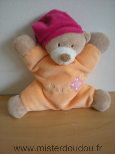 Doudou Ours Nattou Orange bonnet rose fushia motif papillon 