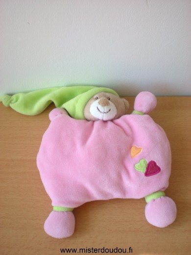 Doudou Ours Nattou Rose bonnet vert 3 coeurs 