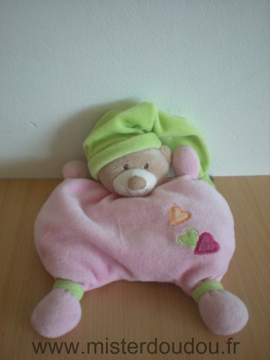 Doudou Ours Nattou Rose coeurs bonnet vert 