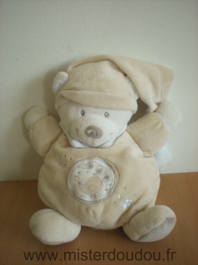 Doudou Ours Nicotoy Beige blanc bonnet beige oiseau 