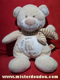 Doudou Ours Nicotoy Beige blanc écharpe rayée marron blanc My little teddy