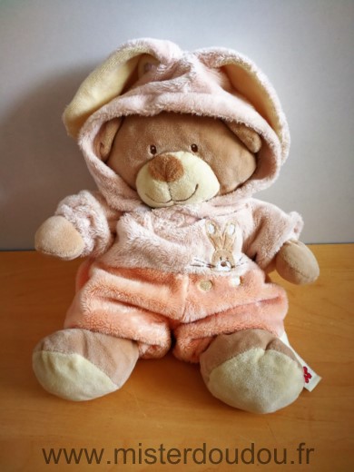 Doudou Ours Nicotoy Beige deguise en lapin rose 