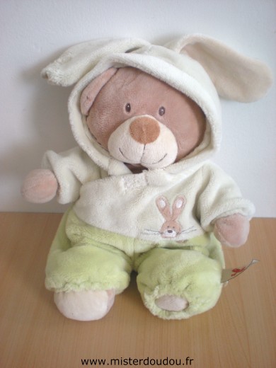 Doudou Ours Nicotoy Beige habit de lapin vert Grand modèle