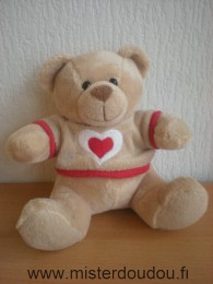 Doudou Ours Nicotoy Beige pull amovible coeur rouge 