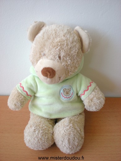 Doudou Ours Nicotoy Beige pull vert à capuche 