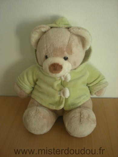 Doudou Ours Nicotoy Beige veste verte a capuche 