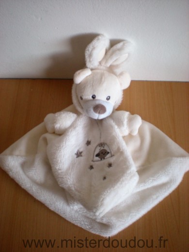 Doudou Ours Nicotoy Blanc ecru capuche lapin motif oiseau 