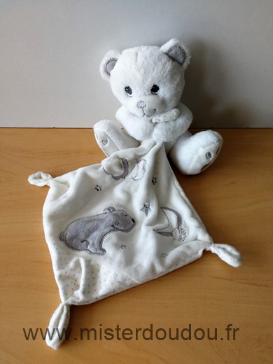 Doudou Ours Nicotoy Blanc mouchoir blanc lune etoiles 