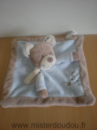 Doudou Ours Nicotoy Bleu beige echarpe ecrue 