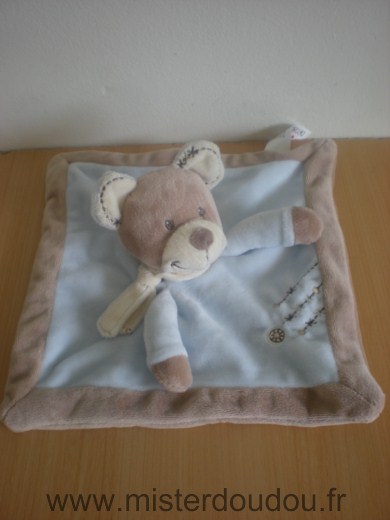 Doudou Ours Nicotoy Bleu beige echarpe ecrue 