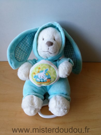 Doudou Ours Nicotoy Bleu blanc capuche lapin 