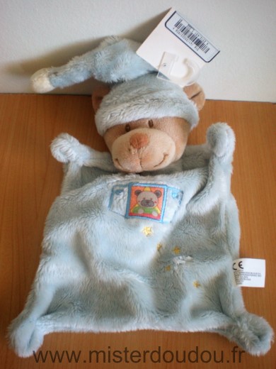 Doudou Ours Nicotoy Bleu bonnet bleu motif ours etoiles jaunes 