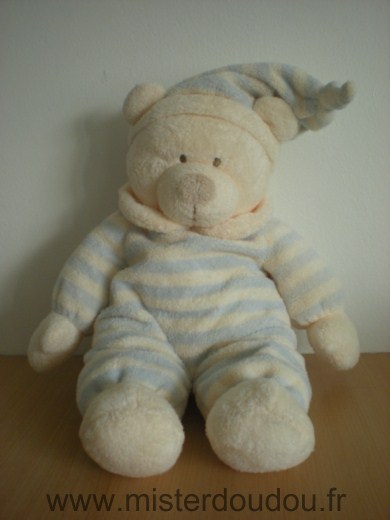 Doudou Ours Nicotoy Ecru rayé bleu 