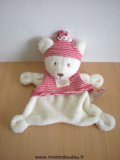 Doudou Ours Nicotoy Ecru tshirt bonnet rayés blanc rouge 