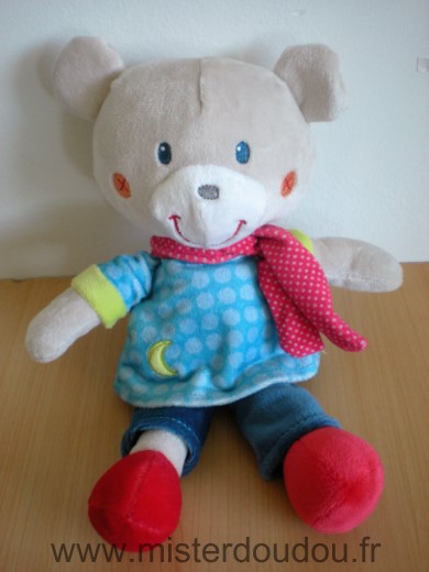 Doudou Ours Nicotoy Gris bleu echarpe rouge 