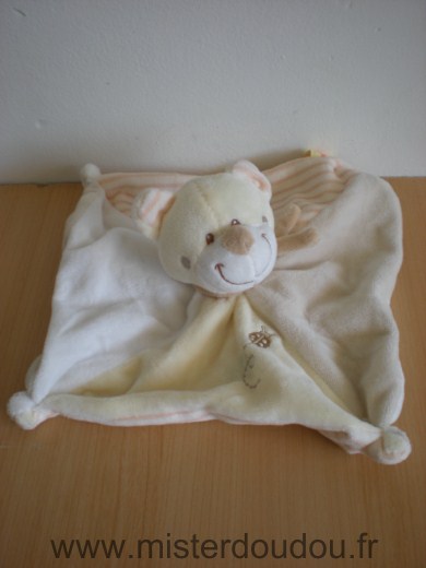 Doudou Ours Nicotoy Jaune ecru beige raye coccinelle 