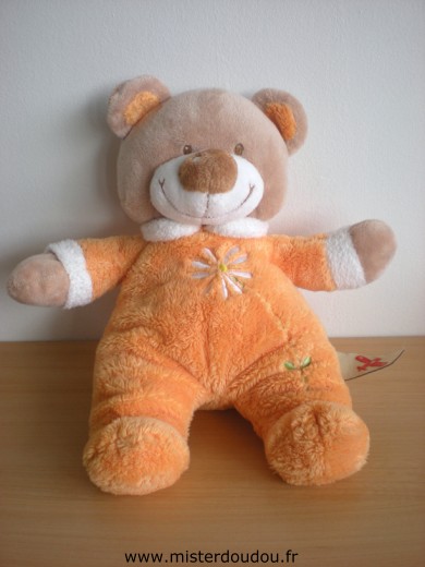 Doudou Ours Nicotoy Orange fleur blanche 
