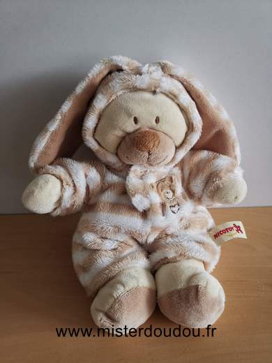 Doudou Ours Nicotoy Ours beige deguise en lapin beige raye 