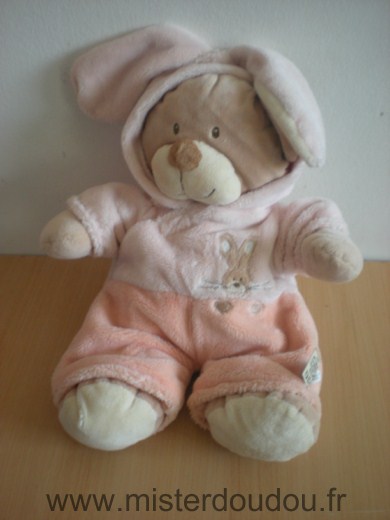 Doudou Ours Nicotoy Ours déguisé en lapin habit de lapin rose 