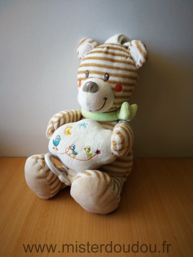 Doudou Ours Nicotoy Raye blanc beige foulard vert 