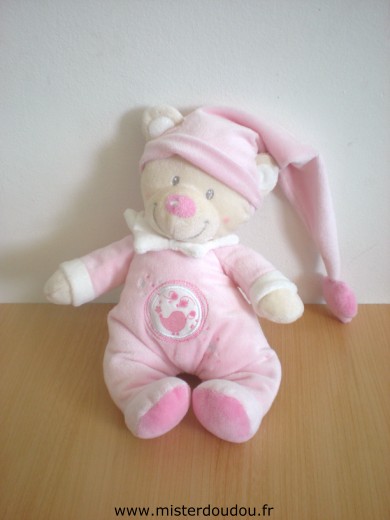Doudou Ours Nicotoy Rose avec etoile au bout du bonnet et motif oiseau sur le ventre 
