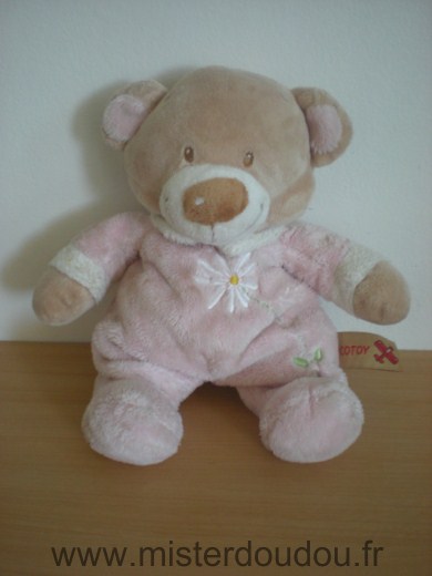Doudou Ours Nicotoy Rose avec fleur margueritte blanche brodée 