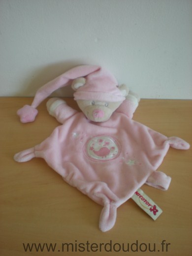 Doudou Ours Nicotoy Rose bonnet rose motif oiseau 