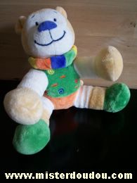 Doudou Ours Nicotoy Vert / orange / ecru / bleu Echarpe multicolore.