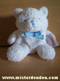 Doudou Ours Noukie s Blanc Nez et yeux bordés bleus , noeud vichy bleu