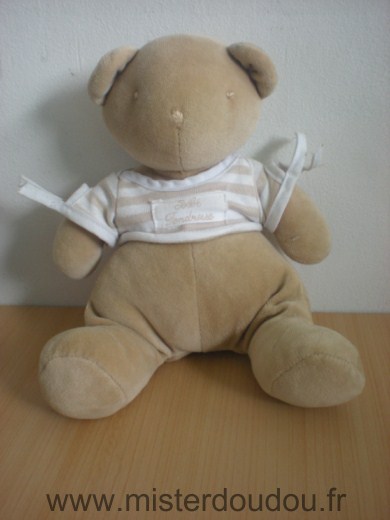 Doudou Ours Nounours Beige thist rayé blanc beige 