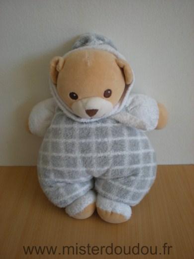 Doudou Ours Nounours Blanc carreau gris capuche blanche 