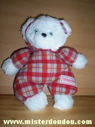 Doudou Ours Nounours Blanc carreaux rouges 