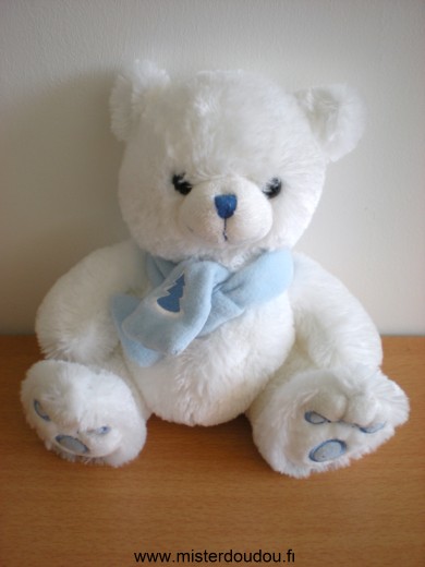 Doudou Ours Nounours Blanc echarpe bleue avec un sapin Billes noires pour les yeux, nez cousu bleu