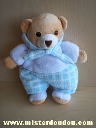 Doudou Ours Nounours Blanc et pentalon à carreaux bleu clairs capuche blanche 