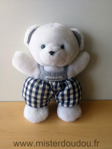 Doudou Ours Nounours Blanc salopette carreaux bleu blanc 