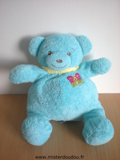 Doudou Ours Nounours Bleu avec papillon brodé 