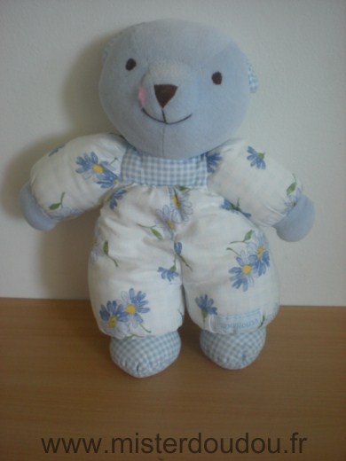 Doudou Ours Nounours Bleu, blanc motifs fleurs 