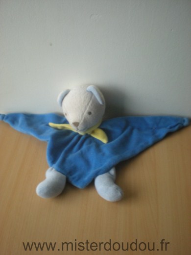 Doudou Ours Nounours Bleu echarpe jaune 