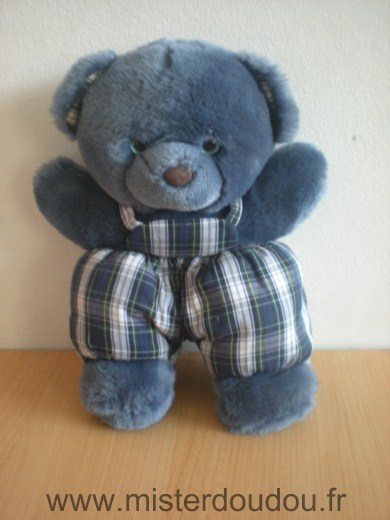 Doudou Ours Nounours Bleu en peluche yeux bleus clairs salopette tissus a carreaux 