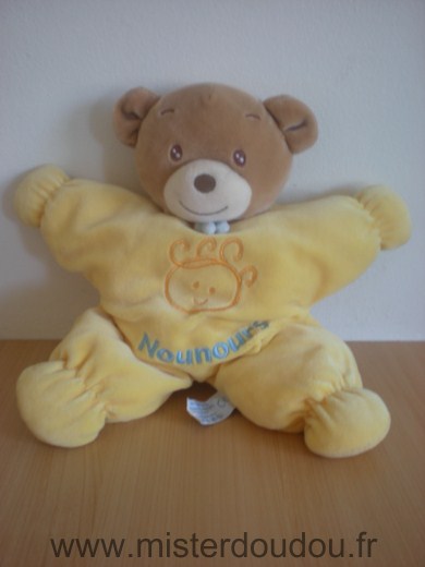 Doudou Ours Nounours Jaune avec une tete brodee 