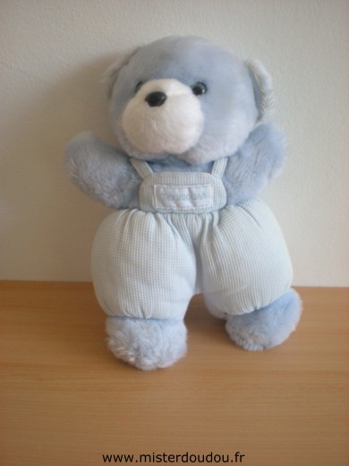 Doudou Ours Nounours Pelche bleu salopette tissus bleu 