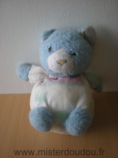 Doudou Ours Nounours Peluche bleu tissus blanc motifs 