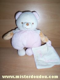 Doudou Ours Nounours Rose blanc beige Avec un mouchoir blanc rose écrit 