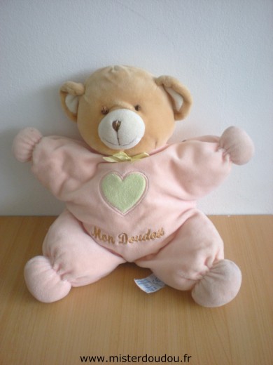 Doudou Ours Nounours Rose coeur jaune brodé mon doudou 