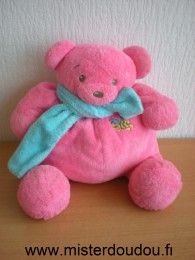 Doudou Ours Nounours Rose echarpe bleu abeille brodée sur la poitrine 