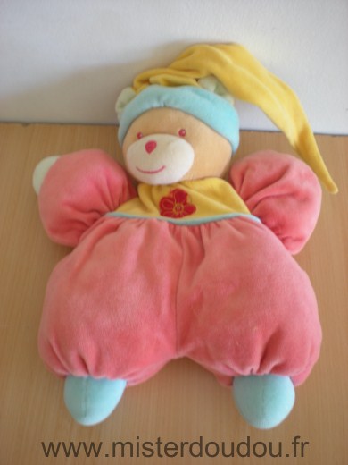 Doudou Ours Nounours Rose jaune fleur rouge bonnet jaune 